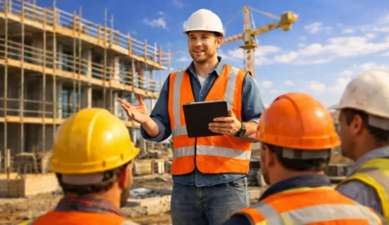 Foreman giving a toolbox talk (safety briefing)